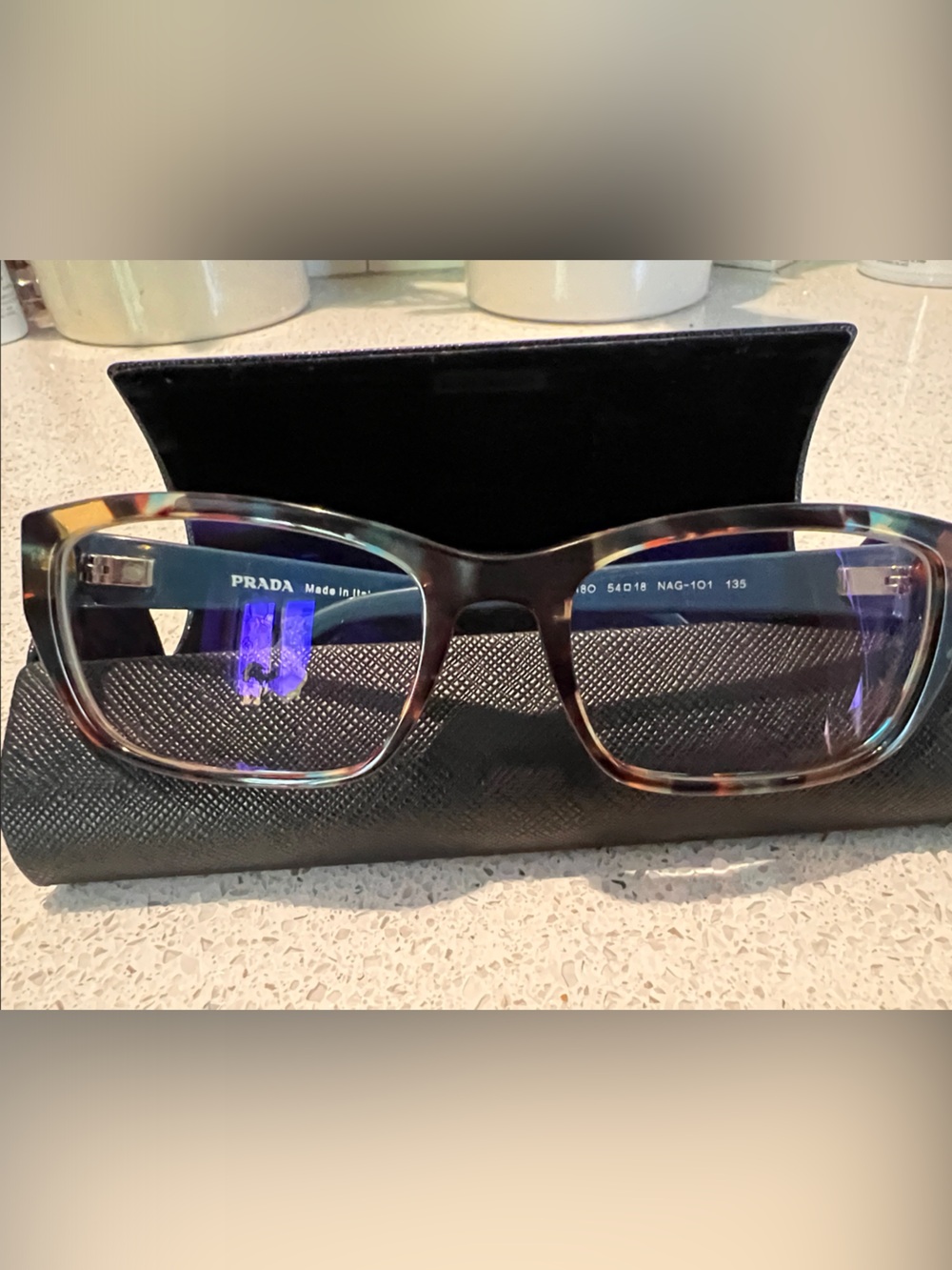 Prada Women’s Modified Cateye Tortoiseshell Front with Blue Temples Eyeglasses